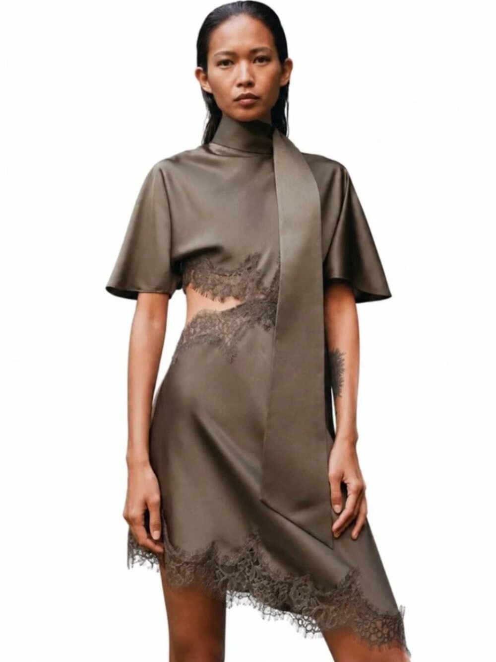 BNWT ZARA WOMAN SATIN EFFECT LACE DRESS ZW COLLECTION MINK MEDIUM
